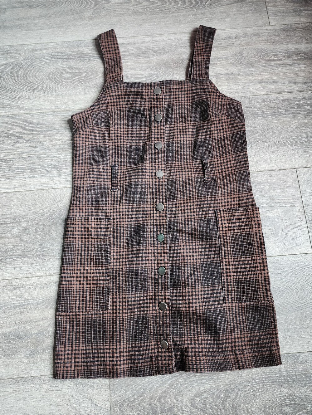 Women's Brown and Black Plaid Button-up Minidress 90s Academia Grunge